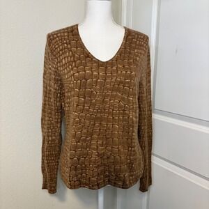 Talbots Cashmere Silk Blend Sweater Brown Crocodile Print V-Neck Womens Large